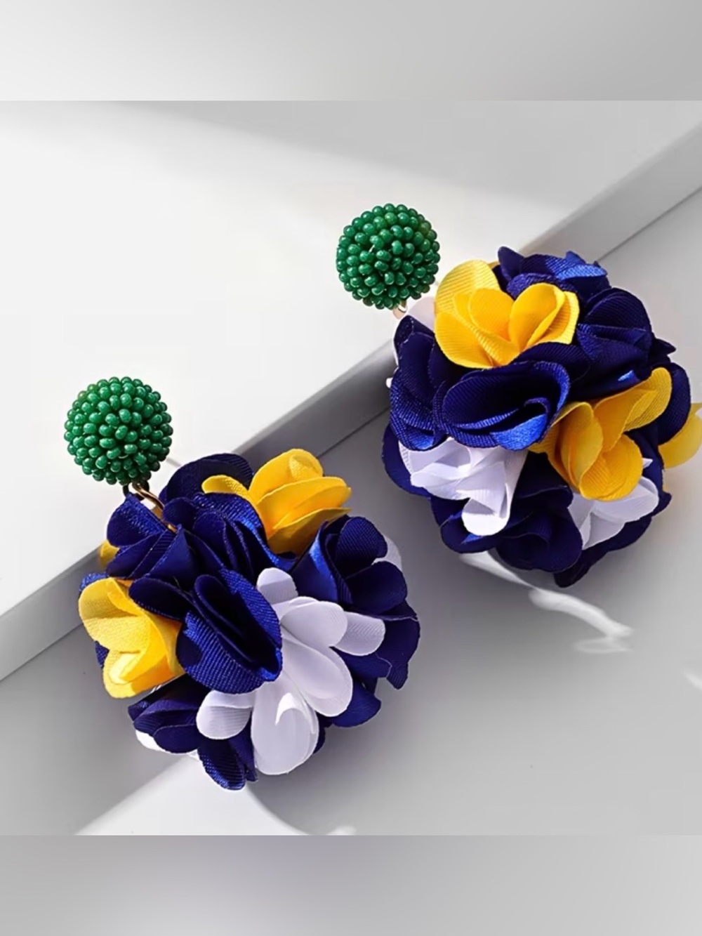 Floral Cluster Statement Earrings - Navy, Yellow & White